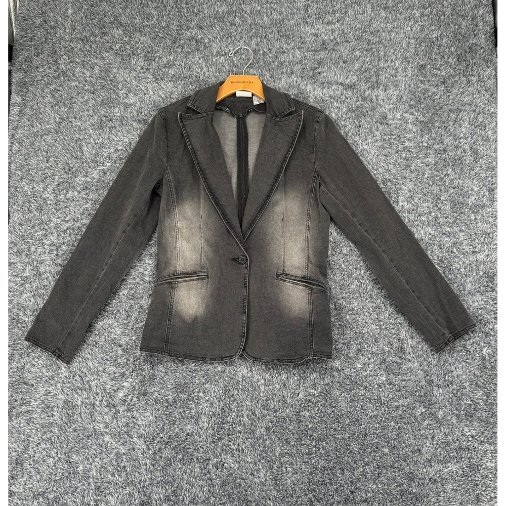 Newport News Womens Black Faded Denim Blazer Single Button Jacket Size 4 Q0456